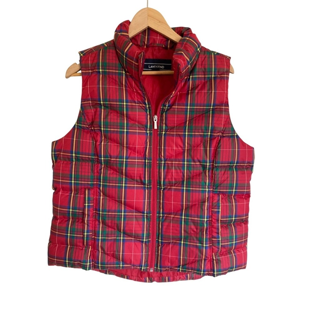 Lands' End Womens Red‎ Tartan Quilted Puffer Vest Down Fill Size Large Classic